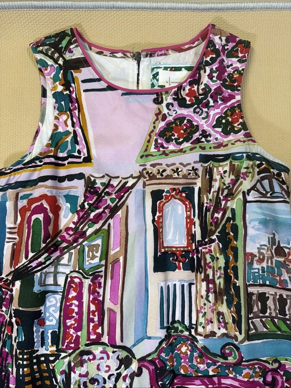 Anthropologie Pink Multi Scenic Print Midi Dress